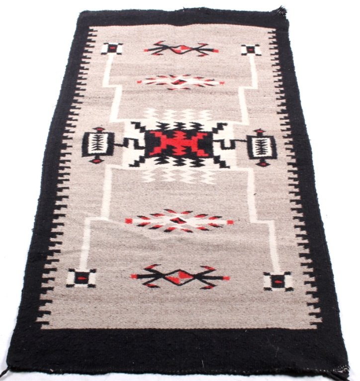 Navajo Two Grey Hills Storm Pattern Rug 1930-1950: This is an early and very finely crafted Navajo Native American Indian wool rug with a fantastic Two Grey Hills Storm Pattern. The rug is from circa 1930-1950 and shows a very tightly woven and beauti