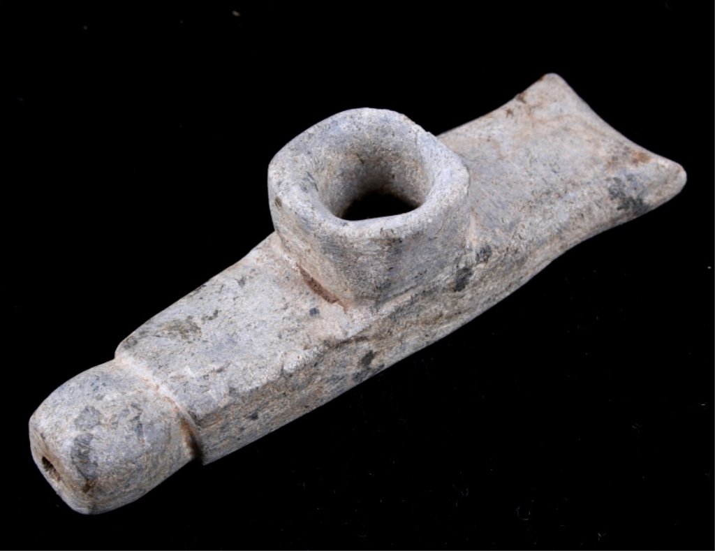 Cherokee Steatite Pipe circa 1800-1900: This is a Cherokee Native American Indian personal pipe with straight base carved from Steatite. The piece is from circa 1800-1900 A.D. and comes with the Certificate of Authenticity by Bannerstone To