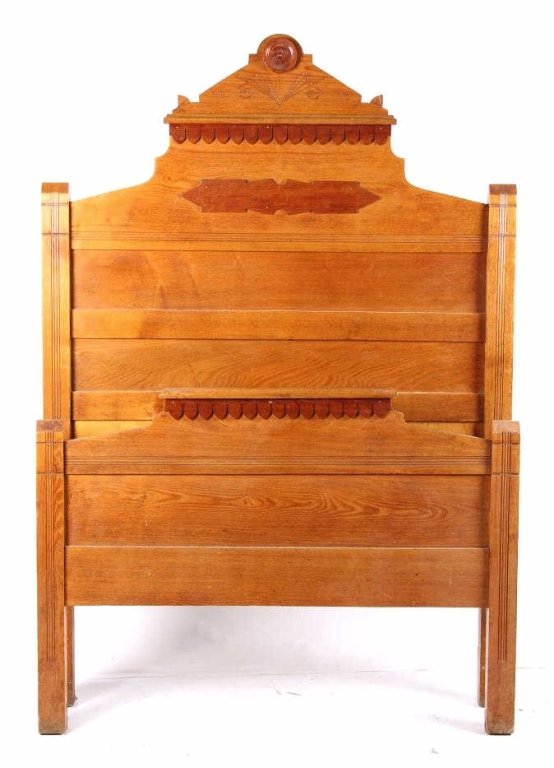 Antique Eastlake Style Twin Bed Frame: The frame has an Eastlake style with hand carved and spoon carved accents. The true antique bed is in overall good condition for its age. The bed frame includes the footboard, headboard, and original