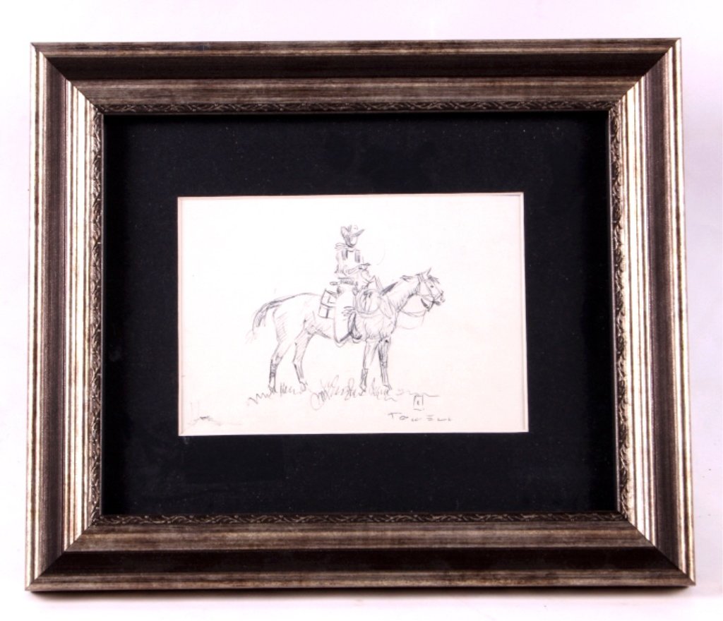 Original Ace Powell Ink Sketch: This is an original ink sketch by Ace Powell. Powell is a well known Montana artist whose Western themed works are widely sought after. Ace Powell was a master of many media including bronze, oil, wat