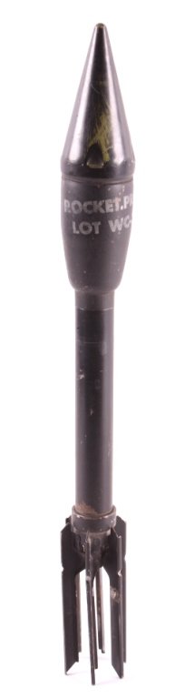 WWII M7A1 Practice Bazooka Rocket: This is an authentic WWII M7A1 practice bazooka rocket. The rocket is inert and would have been used for training for forward artillery units. It is marked "Rocket.Prac.,A.T.;M7 Lot WC-30-8 10-4?". Th