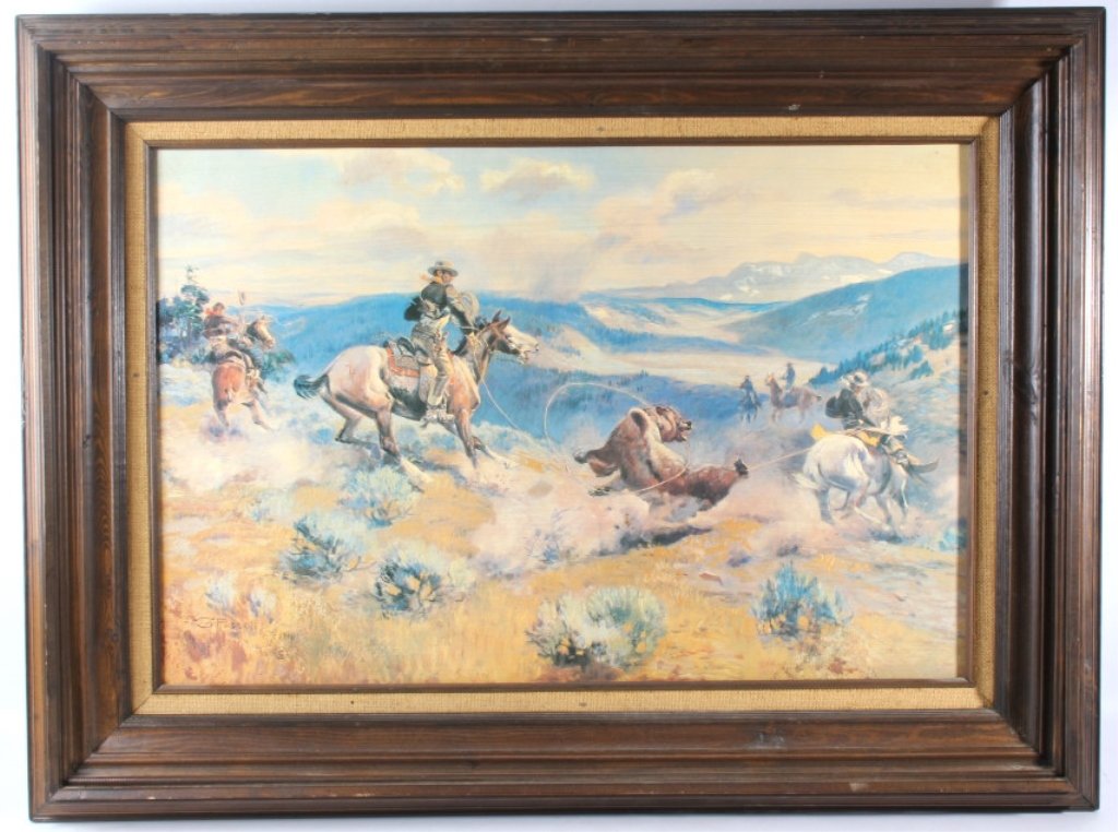 Roping a Grizzly Print by Charles Russell: This is a excellent professional giclee print on canvas in an exquisite wood frame by famous Charles Marion Russell. The painting shows a Western Montana Cowboy's Roping a Grizzly Bear. The piece is s