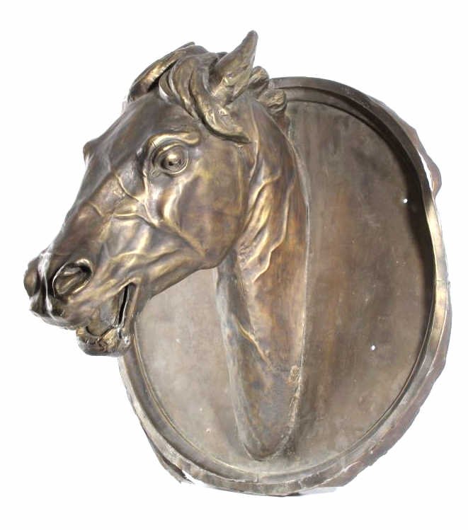 J.W. Fiske Horse Head Trade Sign from Anaconda, MT: This is an original J.W. Fiske life size horse head trade sign. The early and exceptionally rare piece hung in Marcus Daly's Montana Hotel Saloon in Anaconda, Montana. Marcus Daly was one of the "Copp