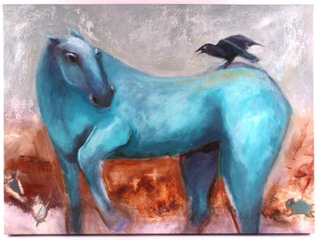 Mari King Oil on Canvas Painting: This is an original oil on canvas painting by Mari King. King is a member of the Blackfeet Tribe and resides on the reservation in East Glacier Park in Montana. The painting is titled "The Blue Horse: