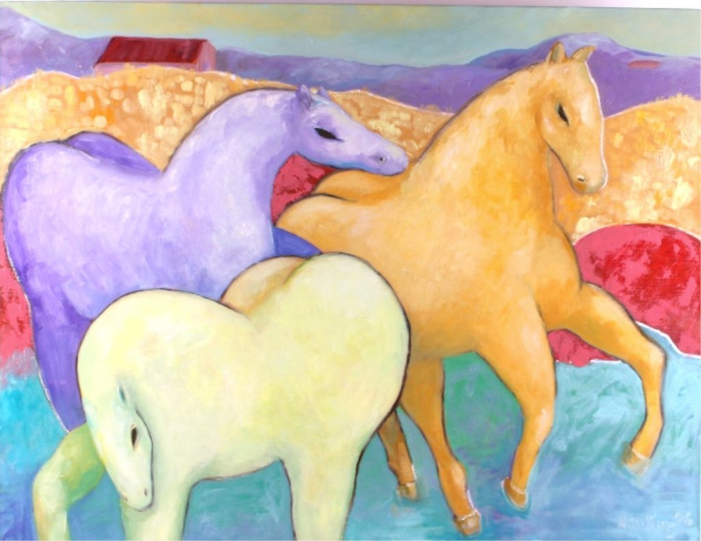 Mari King Oil on Canvas Painting: This is an original oil on canvas painting by Mari King. King is a member of the Blackfeet Tribe and resides on the reservation in East Glacier Park in Montana. A group of three horses is shown in thi