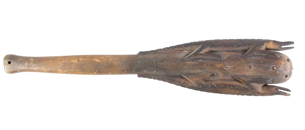 Seminole War Club Dance Wand 19th C.: The piece shows an early carved wood war club dance wand from the Seminole Native American Indian Tribe. This is a very well preserved piece believed to be from the 19th century. The club has a unique