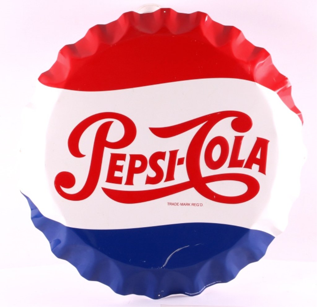 Pepsi-Cola Bottle Cap Sign: This is a Pepsi-Cola bottle cap sign. The sign is a large bottle cap design with the flowing Pepsi lettering. The Pepsi-Cola bottle cap sign is in good condition. It measures 27" in diameter.