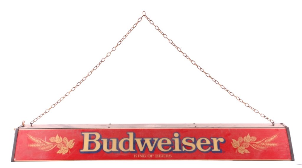 Budweiser Billiard Table Light: This is a Budweiser billiard table light. The light is made from durable plastic and reads "Budweiser King of Beers". The light is not in working condition. It measures 49" long
