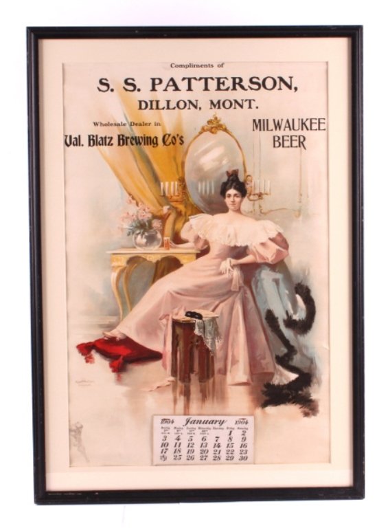 S.S. Patterson Dillon Montana Advertising Calendar: This is an original advertising calendar from Dillon, Montana. The calendar is from 1904 and advertises for S.S. Patterson, a wholesale liquor distributor. The calendar shows a beautiful Victorian wom