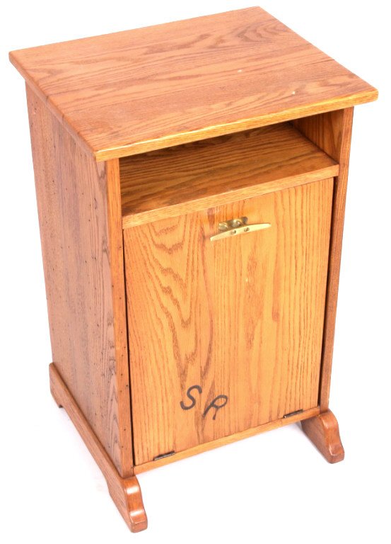 Sea Ranch Motel Old Hickory Trash/Clothes Hamper 1939: This is an Old Hickory Furniture Company oak cabinet used as a clothes hamper or pull out trash cabinet. The piece is from the Sea Ranch Motel, as it is branded on the front “SR”. The Sea Ranch Mo