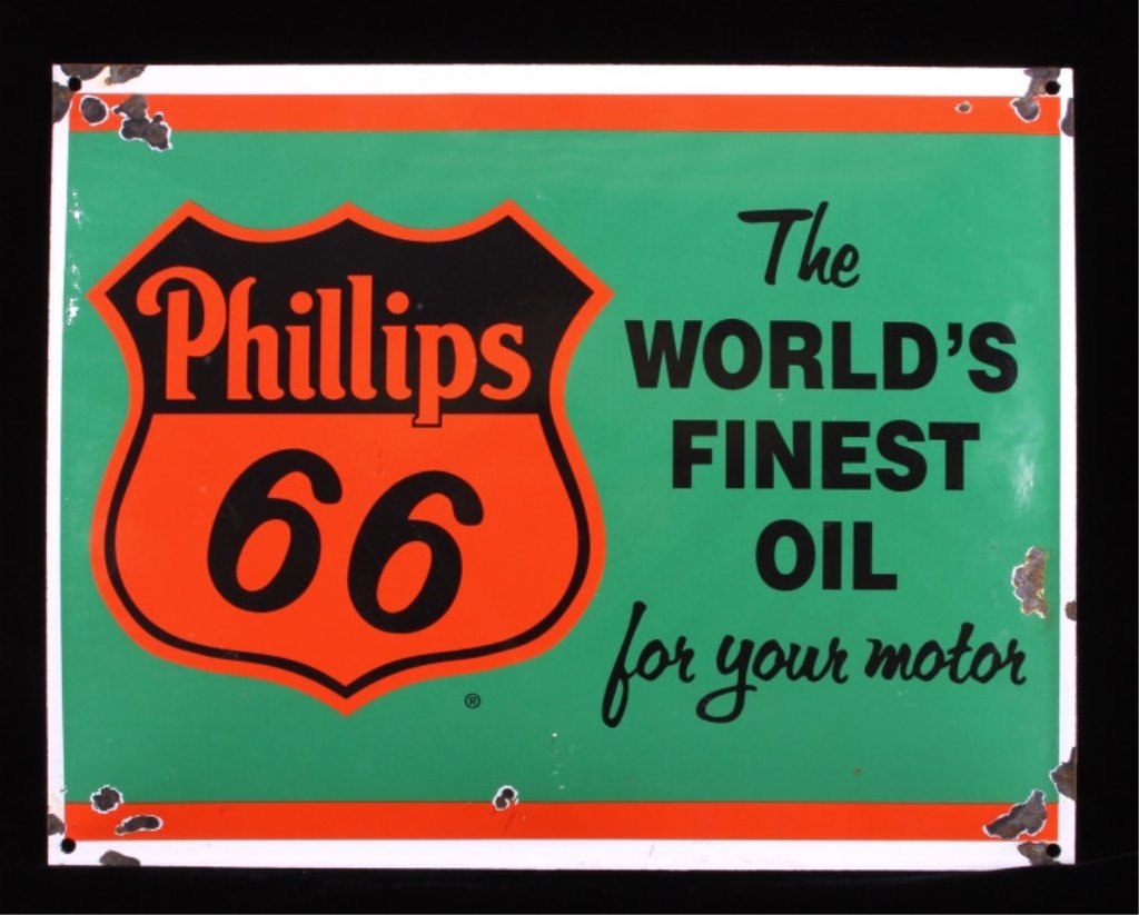 Phillips 66 Porcelain Gas Pump Sign: This is an original Phillips 66 porcelain sign. The sign was used on a gas pump at a service station. It shows the Phillips 66 logo on the shield and reads "The World's Finest Oil for Your Motor". The