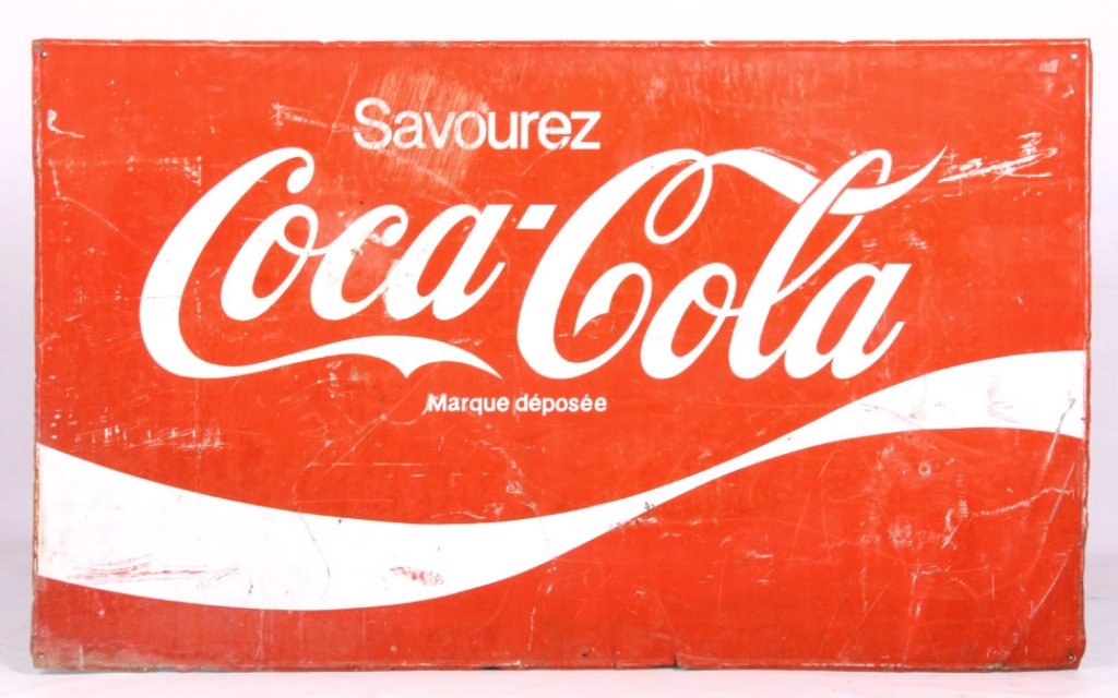 French Coca-Cola Metal Sign: French Coca-Cola metal sign. The sign has noticeable scratches and dings. French coke advertisement. Vintage cola sign measures 36"H x 60"W.