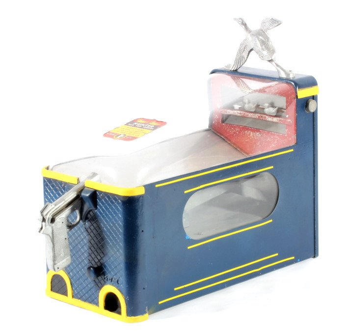 Duck Hunting Coin-Op Gum Ball Shooting Game 1949: This is an excellent rare c. 1949 Silver King Novelty National Hunter, known as the "Duck Hunter", 1 cent coin operated gum ball machine. The machine is in very good working condition with wear typica