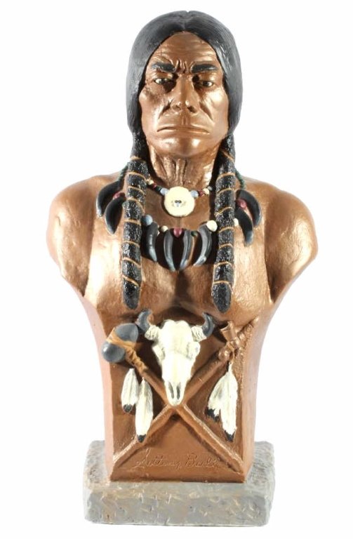 Sitting Bull Original Bust Sculpture by Domiani: This is an excellent hand painted resin or plaster cast work of art bust sculpture of the great Native American Indian, Sitting Bull. Marked on the front, "Sitting Bull" and the back, "Copyright 1961