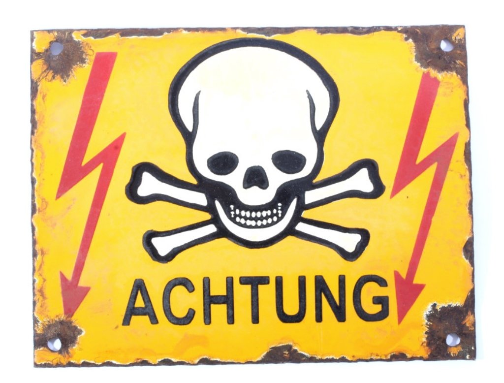 German Achtung Skull Crossed Bones Sign (Nazi): This is an original porcelain enamel "Achtung" (meaning warning in German) sign showing a yellow background with white and black skull and crossed bones with excellent red lighting bolts. The sign is 