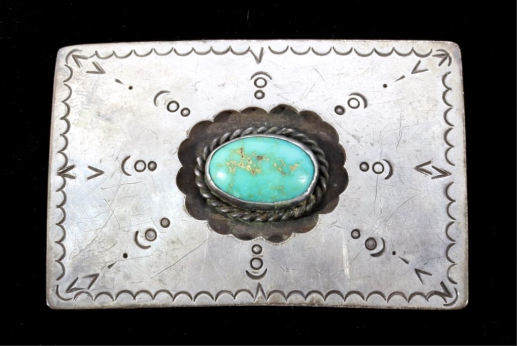 Navajo Old Pawn Silver & Turquoise Belt Buckle: This is a Old Pawn sterling silver belt buckle with a bright turquoise center stone by Navajo Native American Indian silversmith, Roy Vandever. The piece has a unique shadow box center design. Hallmar