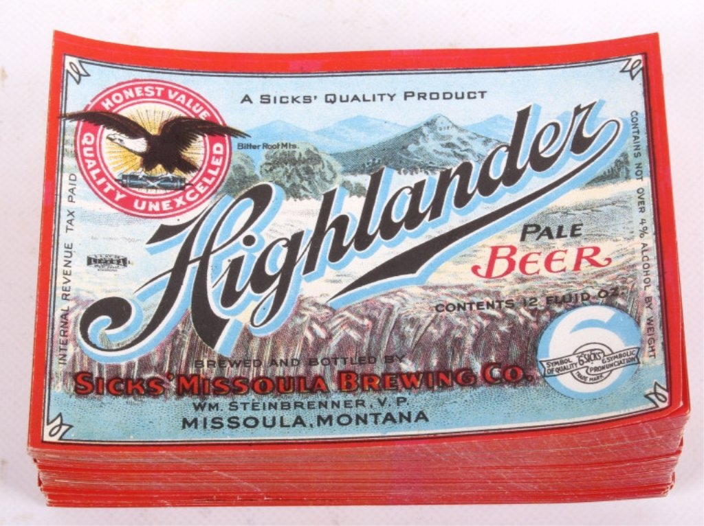 Highlander Pale Bear Missoula MT Lables NOS: Antique Highlander pale beer from Sick's Missoula Brewing Co. Missoula Montana bottle labels. New Old Stock, good stack of labels probably 100+. The labels have nice color and artwork. Montana Beer la
