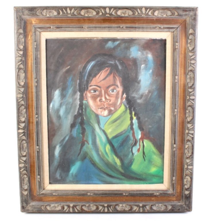 Native American Girl Oil Painting: Original oil painting on canvas of Native American girl in antique frame. The painting has very vibrant colors coming off the dark background. Measures 24" W x 28" H.