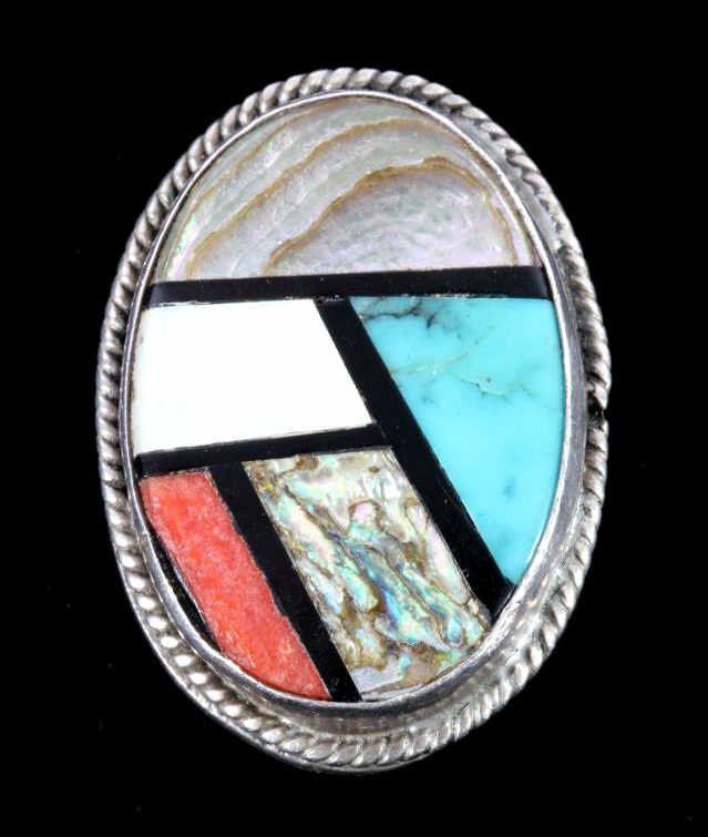 Zuni Sterling Silver Inlaid Stone Mosaic Ring: This is a Zuni Native American Indian sterling silver large ring with an excellent inlaid semi-precious gemstone mosaic top. The mosaic includes turquoise, coral, abalone, and mother of pearl with bla