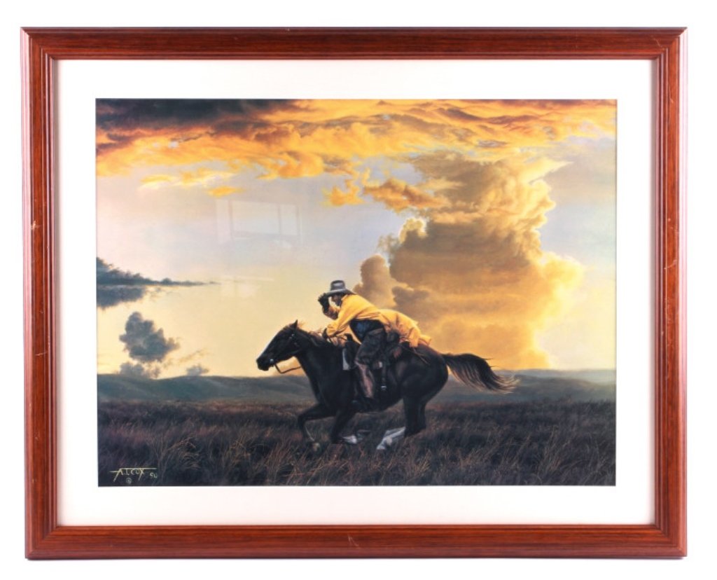 Tim Cox Framed Western Print: This is a Tim Cox framed Western print. The print is titled "Just for the Heck of it" and shows a cowboy riding at full speed on his horse across the meadow. Cox has been a member of the Cowboy Artist