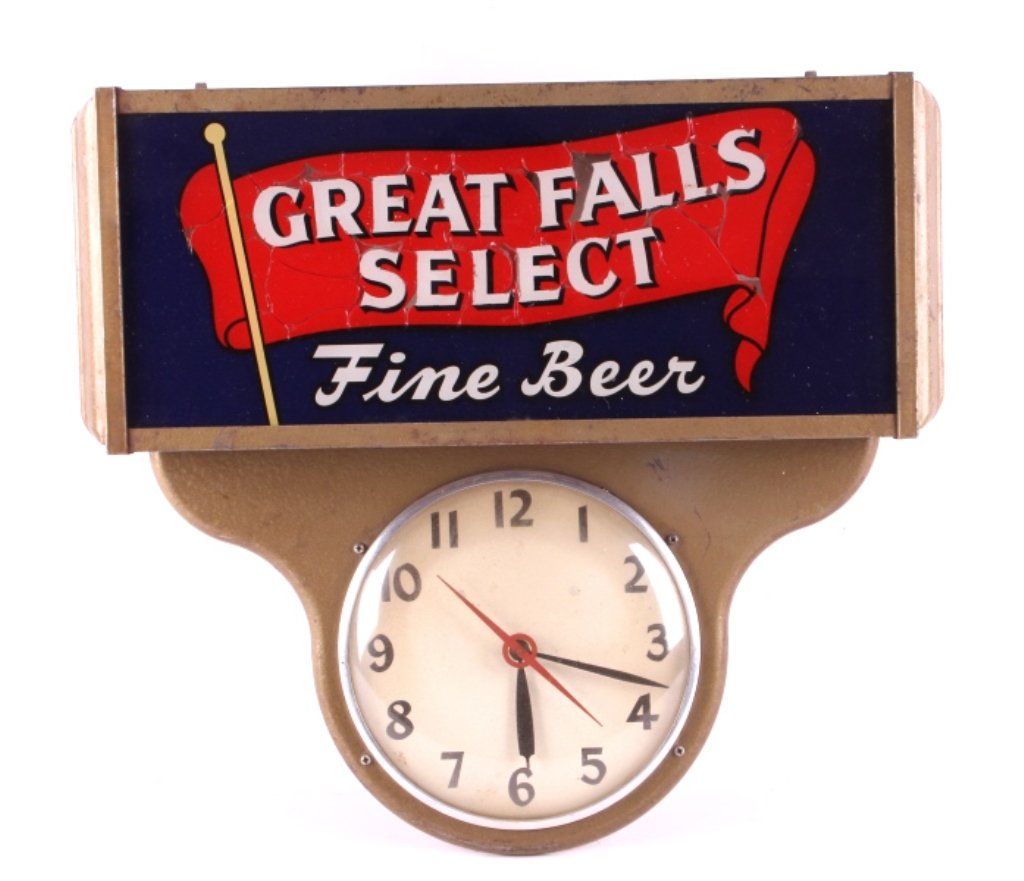 Great Falls Select Beer Lighted Clock Sign: This is a Great Falls Select Beer lighted clock sign. The sign features the rare blue colored reverse painted logo at the top with the flag that reads "Great Falls Select". The clock case shows a bron