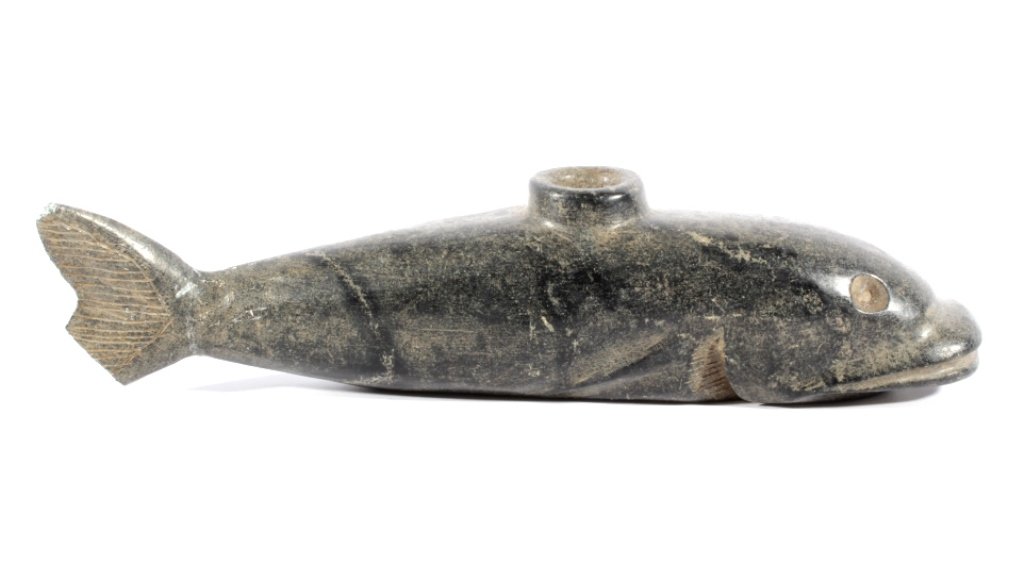 Cherokee Steatite Large Fish Effigy Pipe 1050-1400: This is an excellent authentic Mississippian Culture Period steatite large life size fish effigy pipe. The was recovered from the Illinois Kentucky Kincaid Mounds Historic Site area and is from circa 