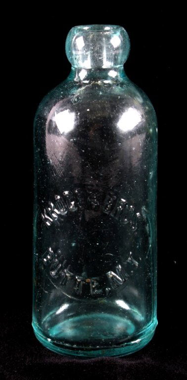 Kroger Bros. Butte Montana Territory Hutch Bottle: This is an original Butte, Montana Territory bottle. The bottle is a Hutchinson soda bottle that reads "Kroger Bros. Butte, M.T.". This is a territorial bottle that dates to before 1889 when Montana b