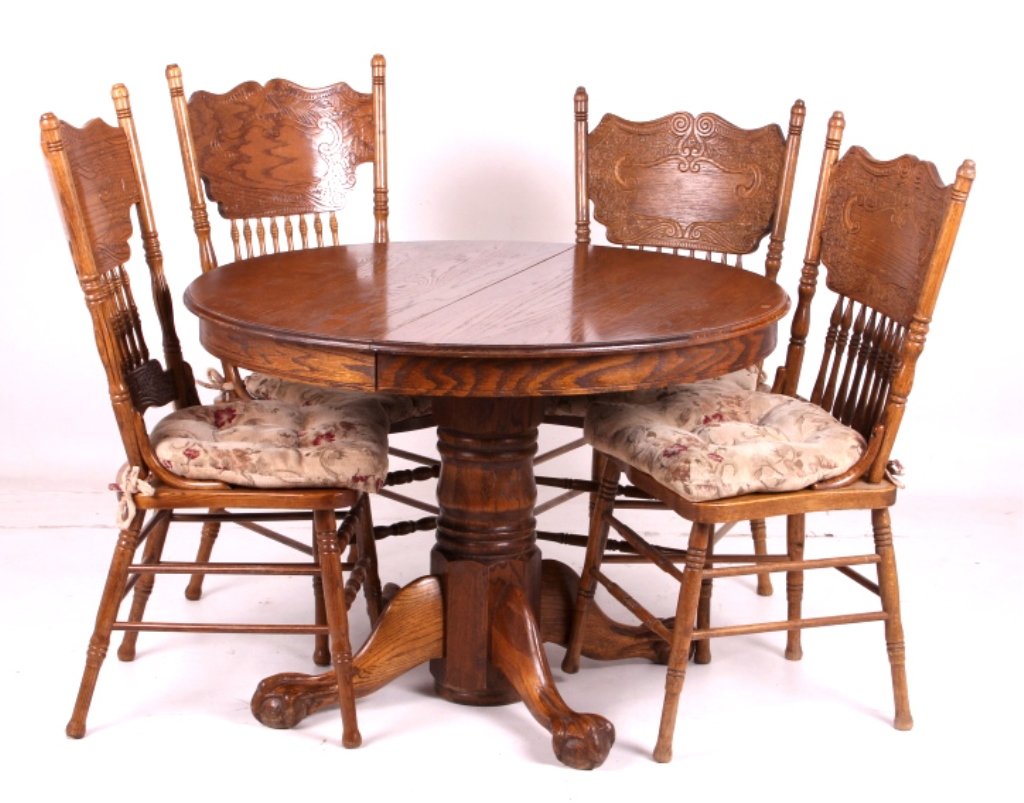Round Oak Claw Foot Table w/ Pressed Back Chairs