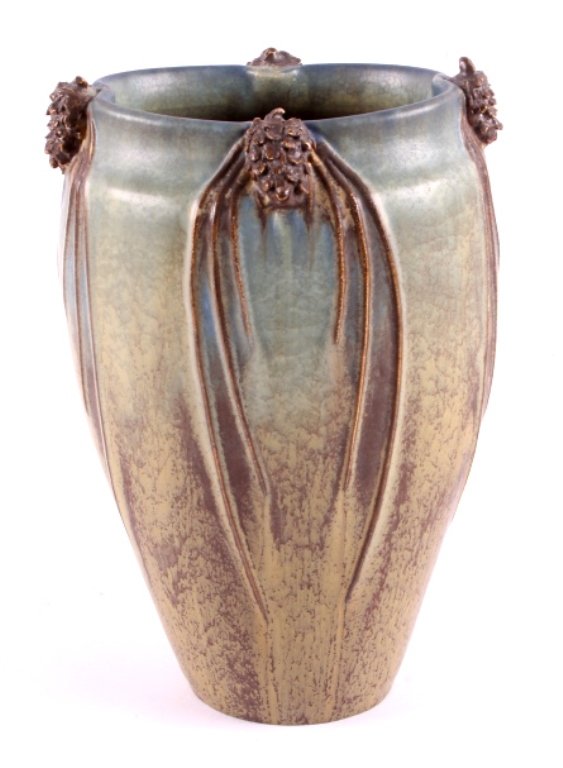 Ephraim Faience Pine Cone Pottery Vase: This is an Ephraim Faience pottery vase. The vase features a beautiful pine cone motif and an ovoid shape. Each side shows a gorgeous hand appliqued pine cone with wonderfully embossed pine needles th