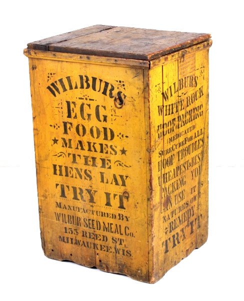 Wilbur Seed Meal Company c. 1890 Feed Box: This is an original Wilbur Seed Meal Company feed box circa 1890. The box is wonderfully stenciled piece that came from a country store in the Midwest. The box is made from pine and shows lettering on