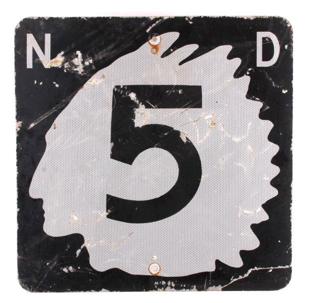 North Dakota Highway Sign: This is an original North Dakota Highway sign. The sign shows the Indian head outline and is marked "ND 5". the sign is in fair condition with moderate damage. The sign measures 24" x 24".