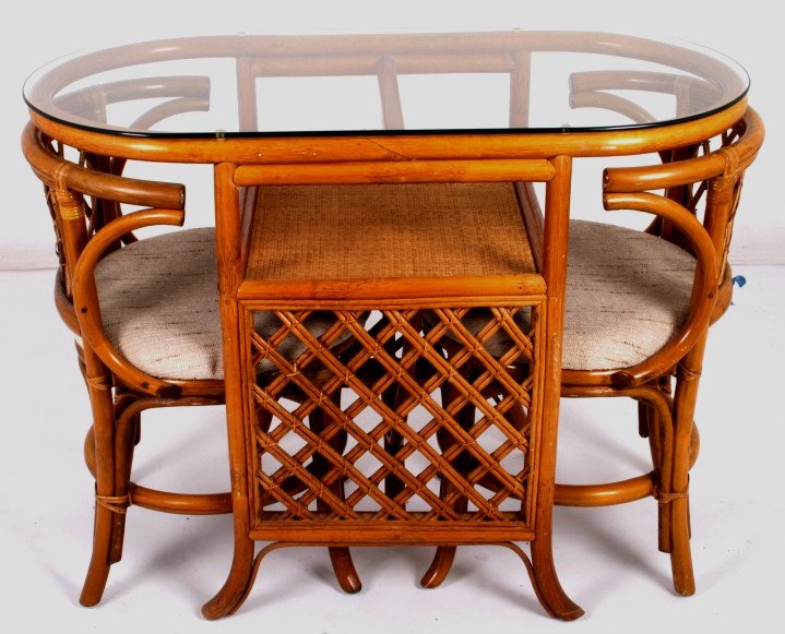 Bentwood Nesting Table And Chairs: This lot features a bentwood nesting table and chairs set. This elegantly designed set includes two chairs and one glass cover table. The two bentwood table has a woven cane self while the two chairs