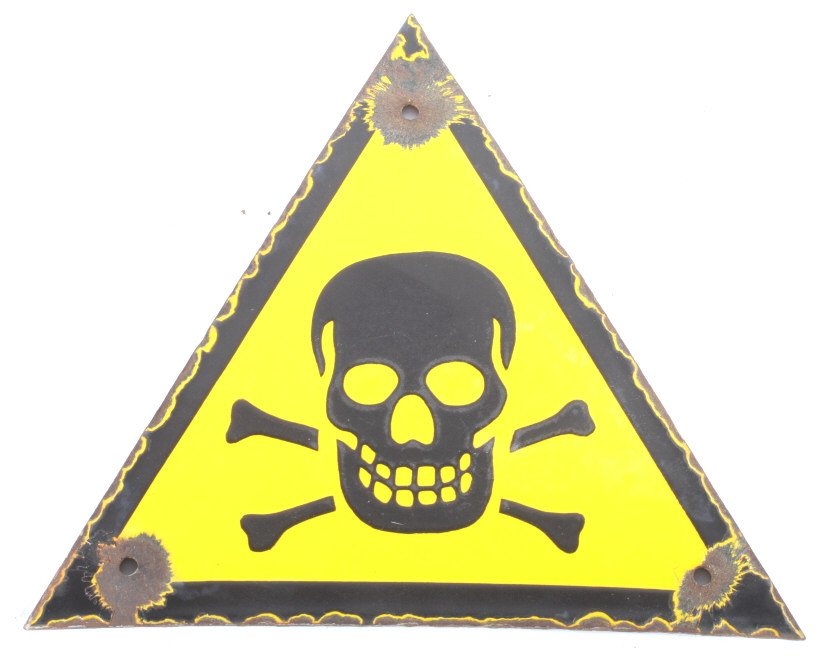 WWII Nazi Skull & Crossed Bones Porcelain Sign: This is a World War II porcelain enamel sign from the Nazi Germans. The sign shows a triangle shape with a yellow background, black border, and iconic black skull and crossed bones. Slight loss to por