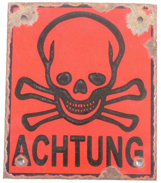 WWII German Achtung Porcelain Skull & Bones Sign: This is a porcelain enamel "ACHTUNG" sign showing a red background with black lettering and black skull and crossed bones. The piece is marked on the back with the Nazi German Third Reich Eagle holdin