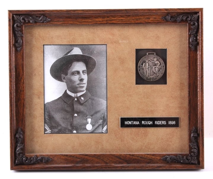 Montana Rough Riders Framed Presentation Medal: This is a framed Montana Rough Riders presentation medal. The medal was awarded to members of the 3rd U.S. Volunteer Cavalry from Montana who served in the Spanish-American War. The medal has been fra