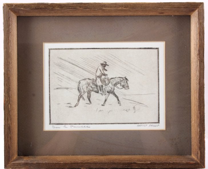 Original Ace Powell Cowboy on Horseback Etching: This is an original Ace Powell etching that shows a cowboy on horseback riding through a storm. Ace Powell was an accomplished Montana artist who worked in oil, bronze, watercolor and etching during h