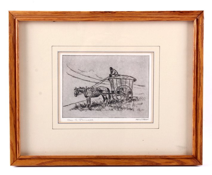 Original Ace Powell Western Etching: This is an original Ace Powell Western etching. It shows a man driving his horse and hay cart. Ace Powell was an accomplished Montana artist who worked in oil, bronze, watercolor and etching during hi