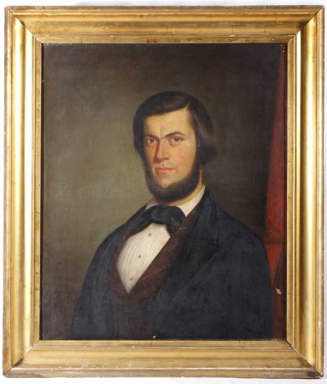 Painting of Elisha Warner by Thomas Sully c. 1839: This is an original work of art portrait painting of Elisha Mann Warner (1818-1884) at the age of 21, circa 1839. The piece is attributed to artist Thomas Sully (1783-1872) an American portrait painte
