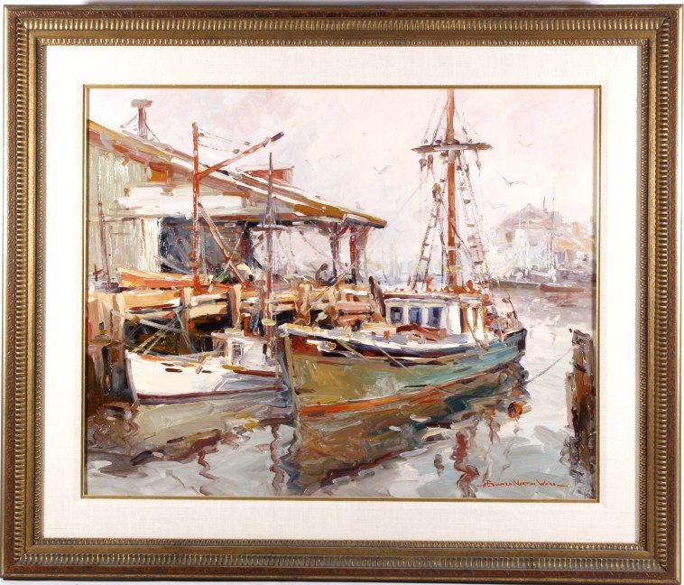 Oil on Board "In Port" by Edward Norton Ward: This is an original work of art oil painting on board titled, “In Port” by Edward Norton Ward. Edward Norton Ward (b.1928-) is a native Californian and was a student of the late Joshua Meador. He 