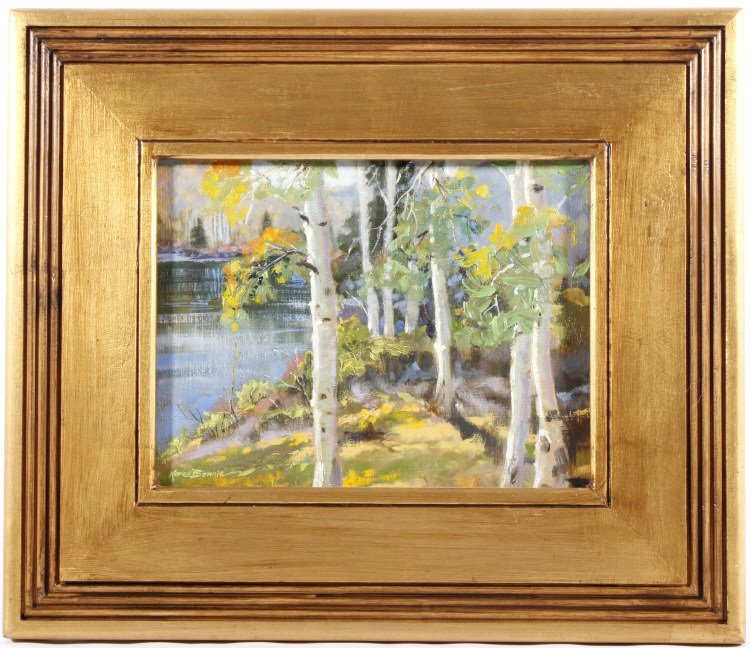 "Aspens on the Lake" Oil on Board by Karen Bonnie: This is an original work of art painting by Karen Bonnie. The piece shows a landscape impressionism of Fall birch trees on a lake. The piece is hand signed lower left. Marked on the back of the board,