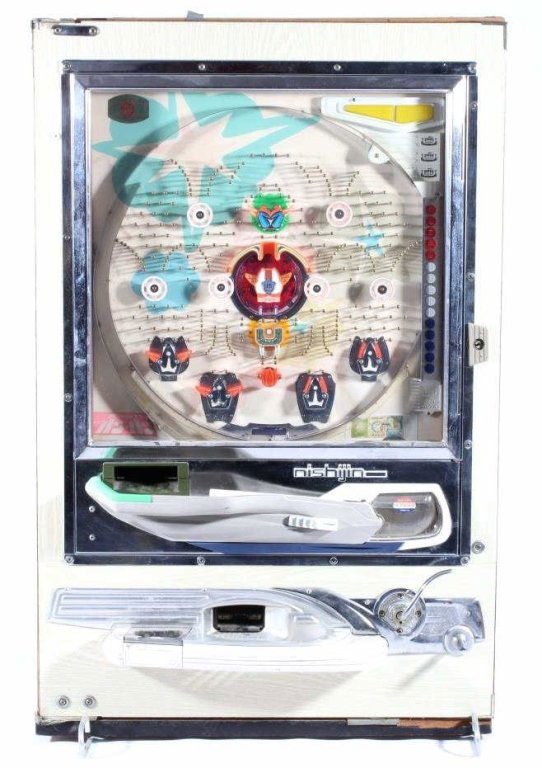 Vintage Japanese Nishijin Pachinko Machine: This is a Japanese Nishijin (Nishi-Jin) Pachinko upright pinball style machine. The piece is electrified and the red lights long the left side illuminate when plugged in. The lot features a large coll
