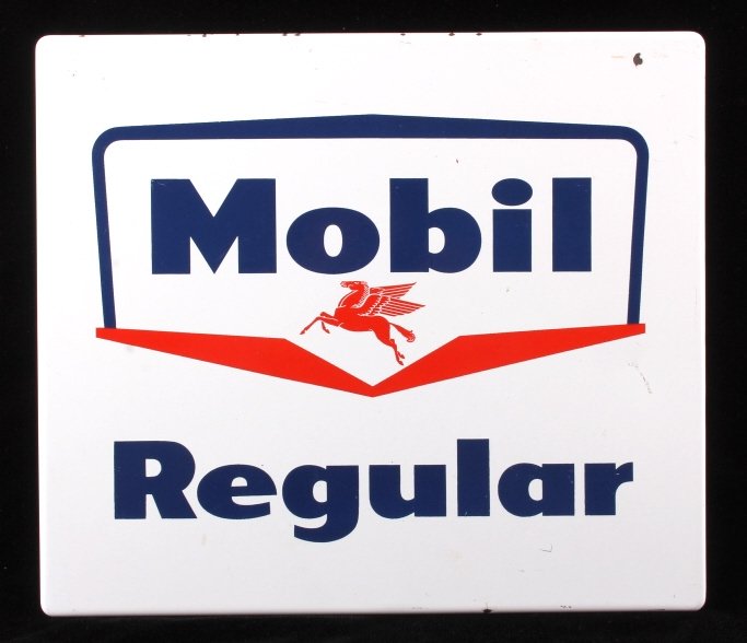 Mobil Porcelain Gas Pump Sign: This is an original Mobil gas pump porcelain sign from a service station. The sign reads "Mobil Regular" and shows the Mobil Pegasus horse logo. The sign is in good overall condition. It measures 12"