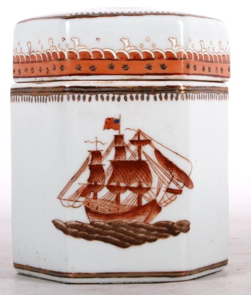 Antique Hand Painted Early American Jar With Lid: This lot features a rare early American, hand painted jar with lid. The jar supports a nautical theme with waves around the lid and sailing ships supporting the American flag as it waves in the wind. 