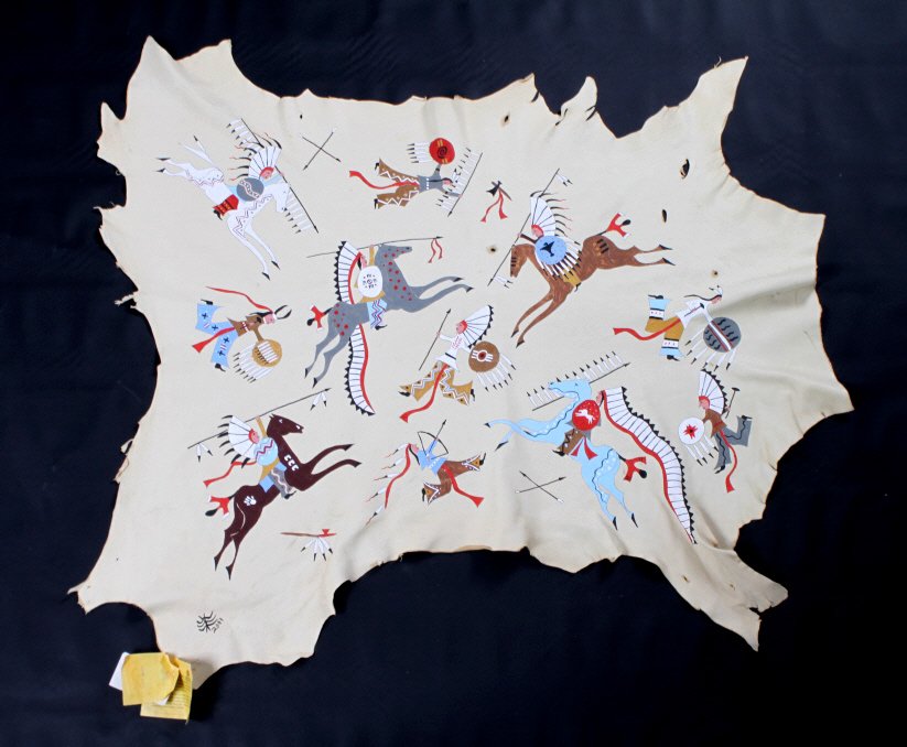 Cherokee Battle Story Painted Hide by Bluewater: This is a hand painted original work of art pigmented deer hide by Cherokee Native American Indian artist, Jeff 'Bluewater' Hophix. The piece is signed and dated 2001. This comes from the Indian Terri