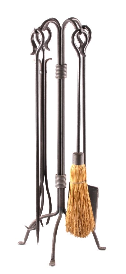 Hand Forged Wrought Iron Fireplace Tool Set: This is a hand forged wrought iron fireplace tool set. The set was made by a blacksmith and includes tongs, poker, scoop and broom. The fireplace tool set is in very good condition. It measures 9" x 9