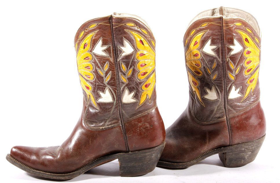 Early Custom Cowgirl Butterfly Leather Boots: This is a set of 20th century custom hand crafted Western Cowboy Cowgirl leather boots. The boots have an excellent Butterfly and floral design in natural brown, red, white, and yellow. The front and