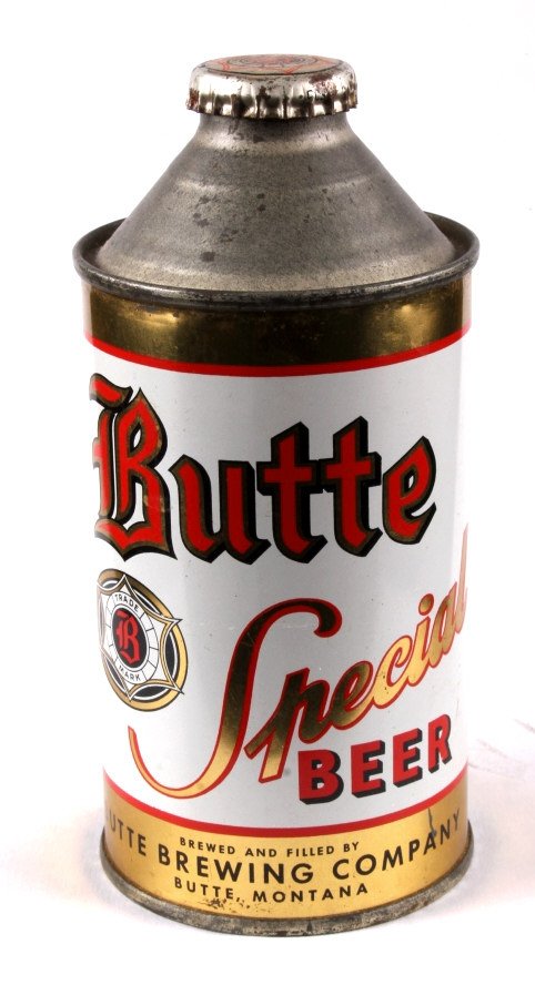 Butte Special Beer Cone Top Can with Cap: This is an original Butte Special Beer cone top can with cap. The can shows the red and gold label with stylized lettering. The can is marked "Butte Special Beer Brewed and filled by Butte Brewing Com