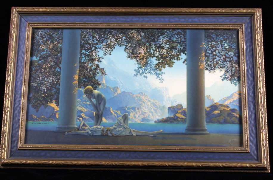 Day Break By Maxfield Parrish (1870-1966): This is an original Maxfield Parrish framed lithograph. The lithograph is titled "Daybreak" and is one of Parrish's most well known works. It shows two female figures between two stone columns. The li