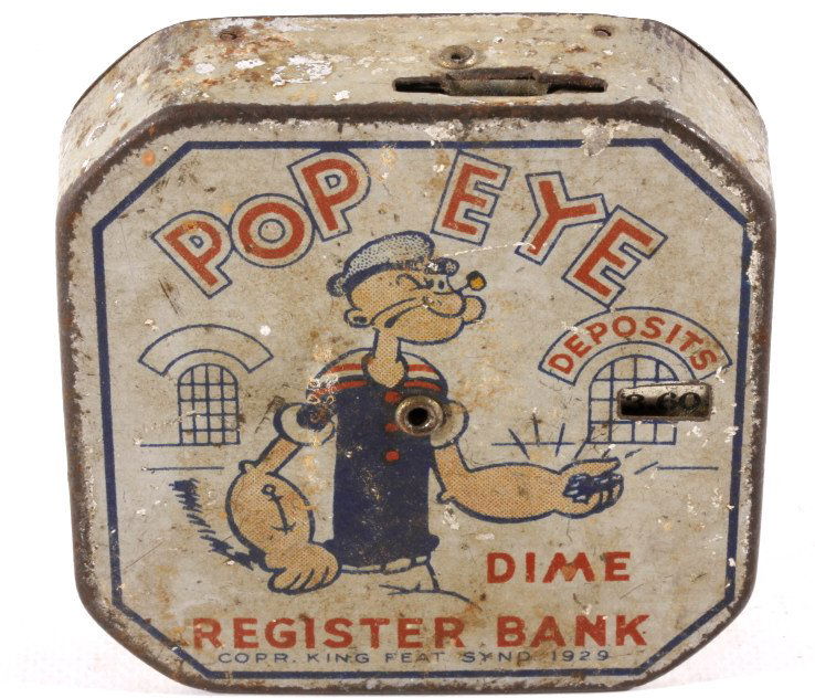 Antique Popeye Dime Register Bank: This lot features a Antique Popeye register bank.This vintage tin lithographed "dime" bank features Popeye the Sailor with a lot of color and detail. Other great characters like Olive Oyl and J. Welli