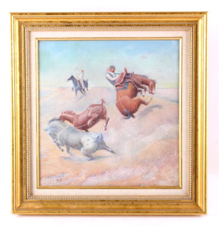 Oil Painting by Lone Wolf (Hart Merriam Schultz): This is an original oil on canvas painting by Lone Wolf (Hart Merriam Schultz 1952-2008). The painting depicts a cowboy trying to wrangle a wild mustang. The power and might of the mustang is shown as